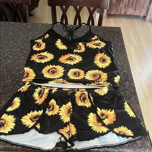 Sunflower Print Black Pajama Set